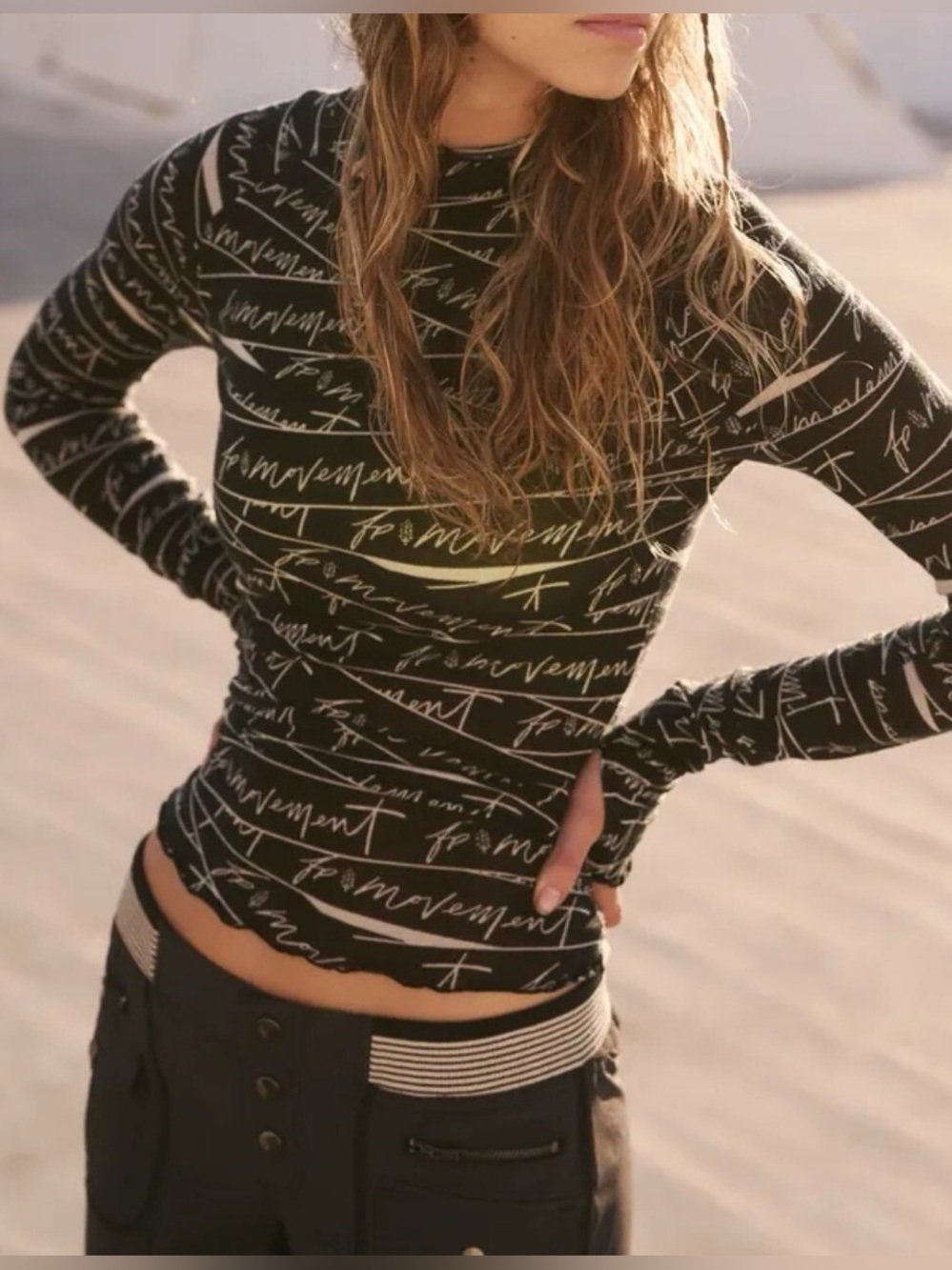 Free People FP Movement Logo Printed Long Sleeve Top Size L
